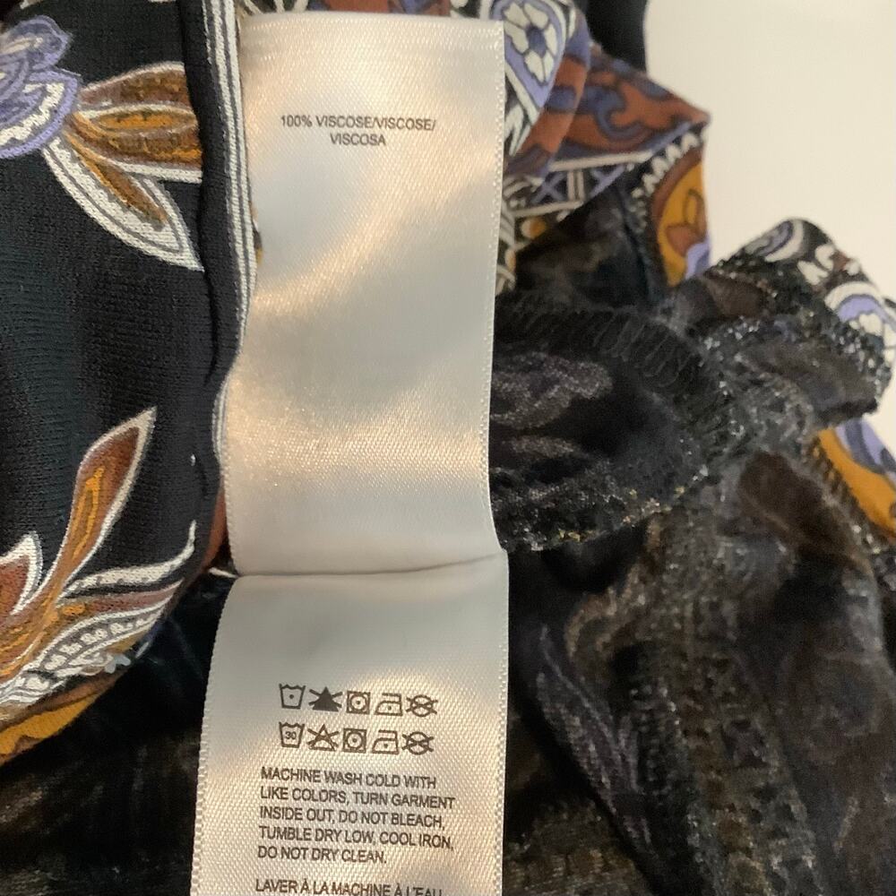 Lucky Brand Black Blue Tan Floral Print 3/4 Sleeve Boho Blouse Top Medium - Picture 7 of 7